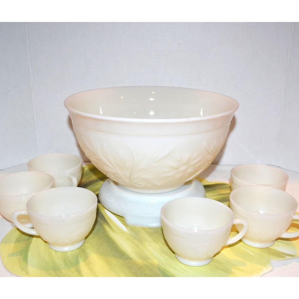 Vintage Punch Bowl with Six Cups and Stand Starburst Atomic Art Deco